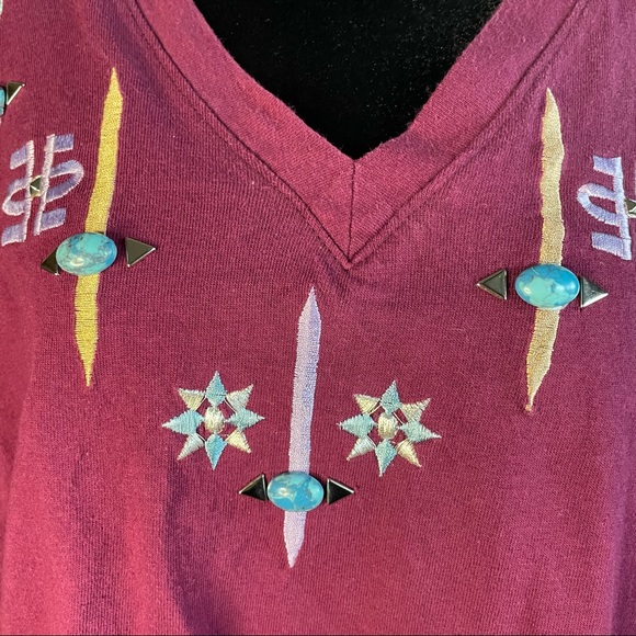 Vintage Southwest Turquoise Casual TShirt Maroon Large - Picture 2 of 5